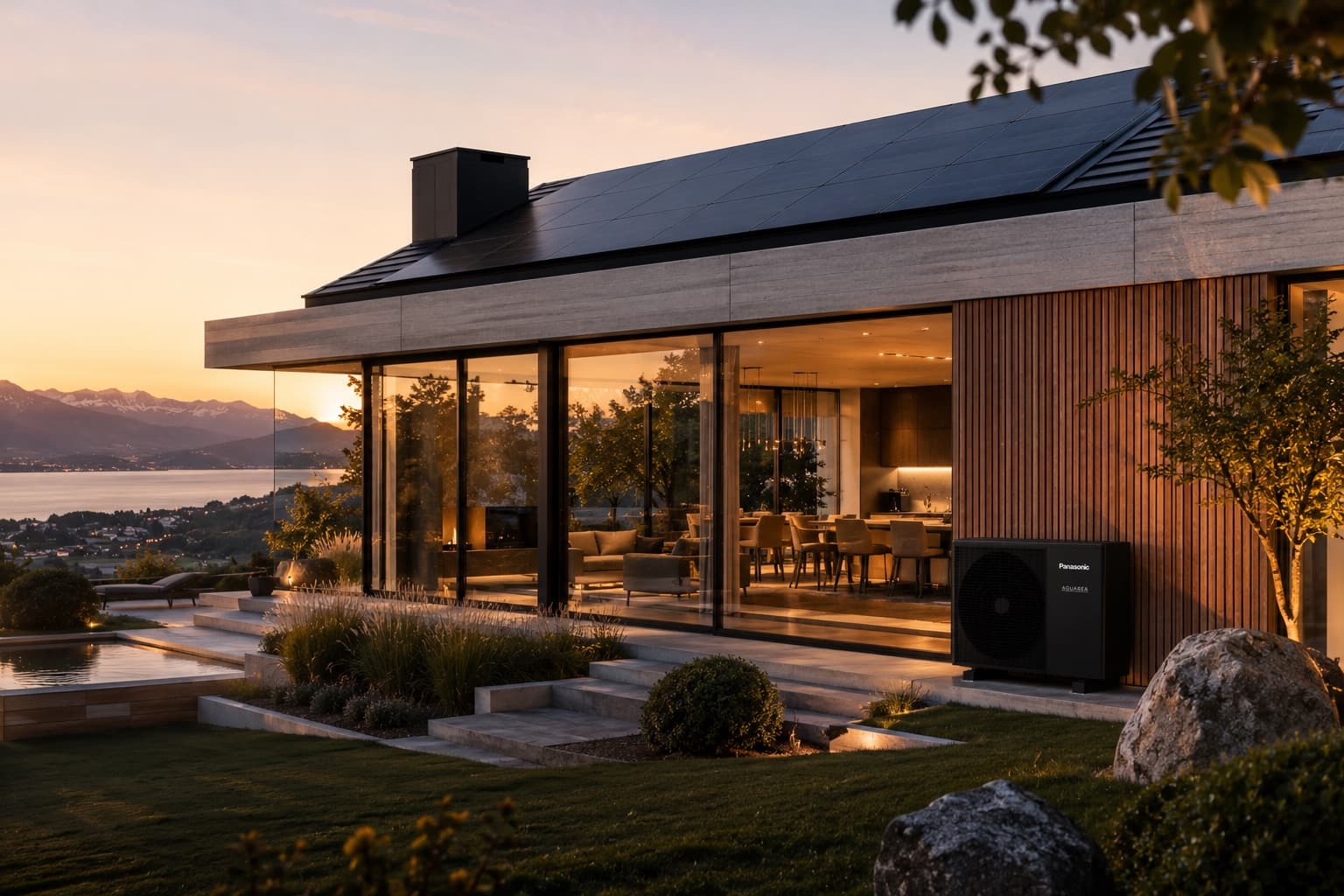 Villa moderne en bois équipée de panneaux photovoltaïques et d'une pompe à chaleur, vue lac au coucher du soleil