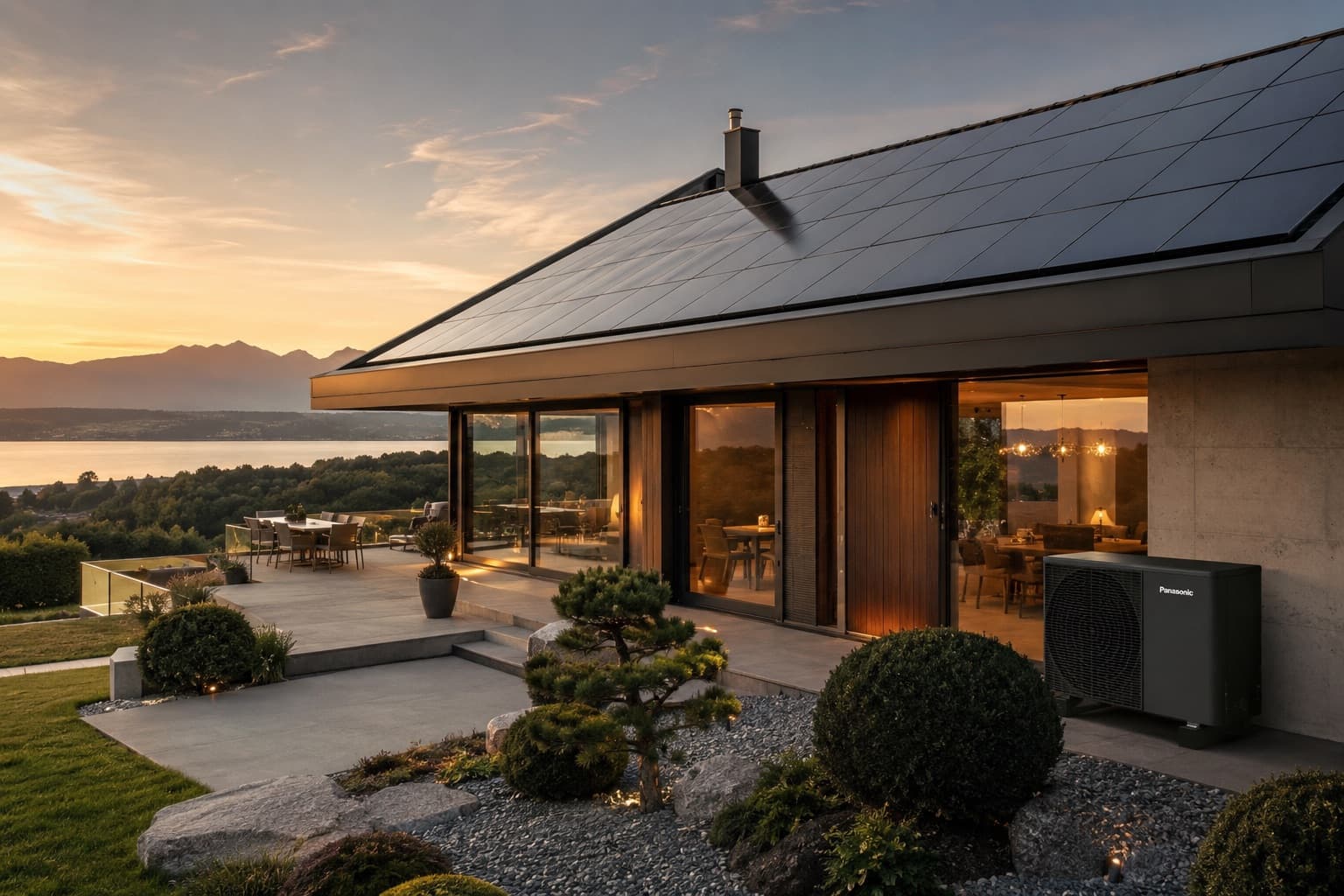 Villa moderne équipée de panneaux photovoltaïques en toiture et d'une pompe à chaleur, vue lac au coucher du soleil