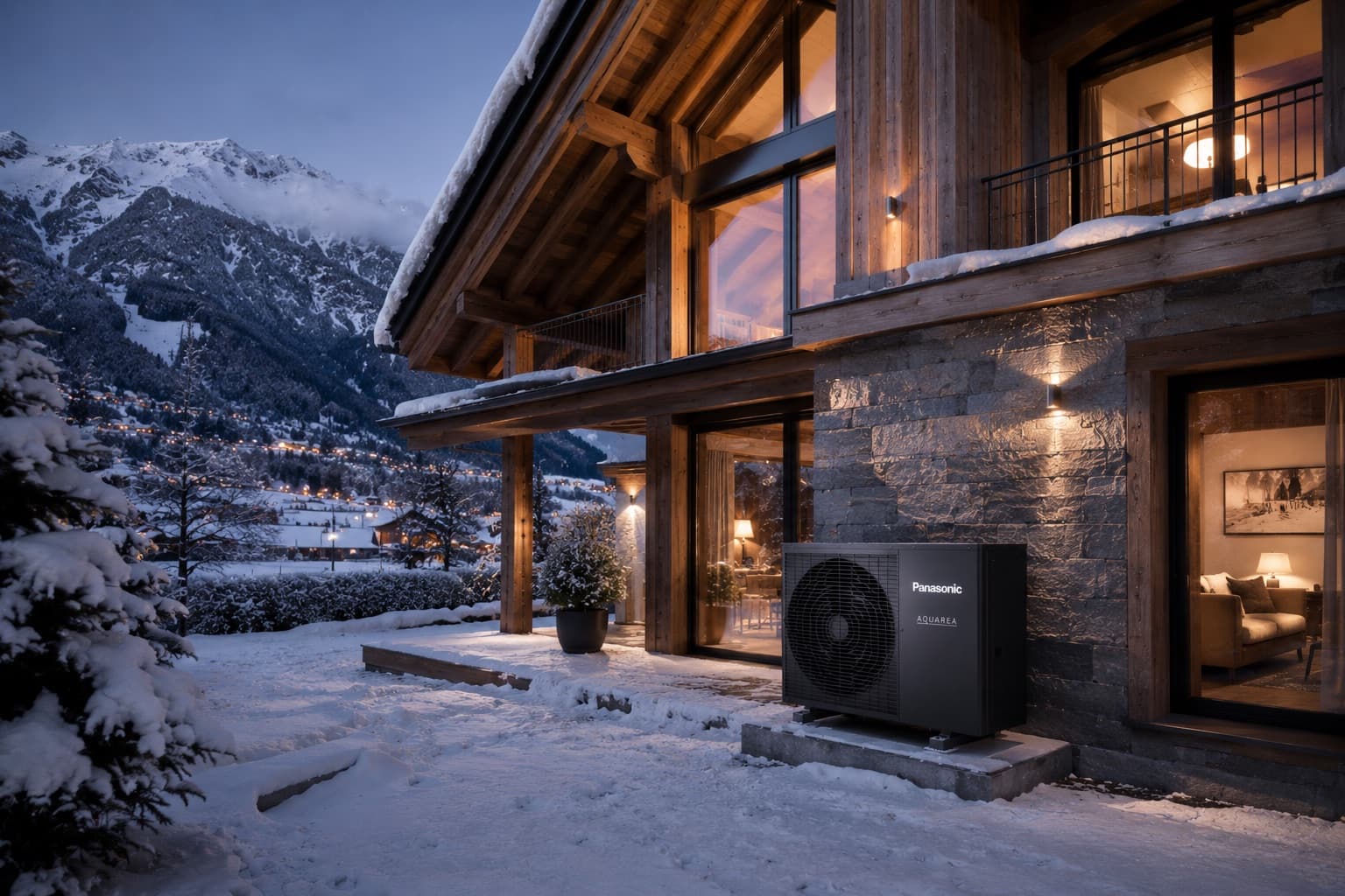 Pompe à chaleur Panasonic Aquarea installée sur chalet alpin enneigé