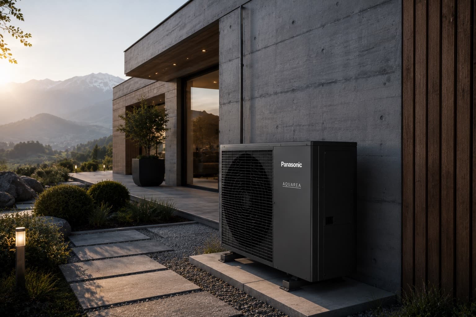Pompe à chaleur Panasonic Aquarea sur villa contemporaine en béton, vue montagne