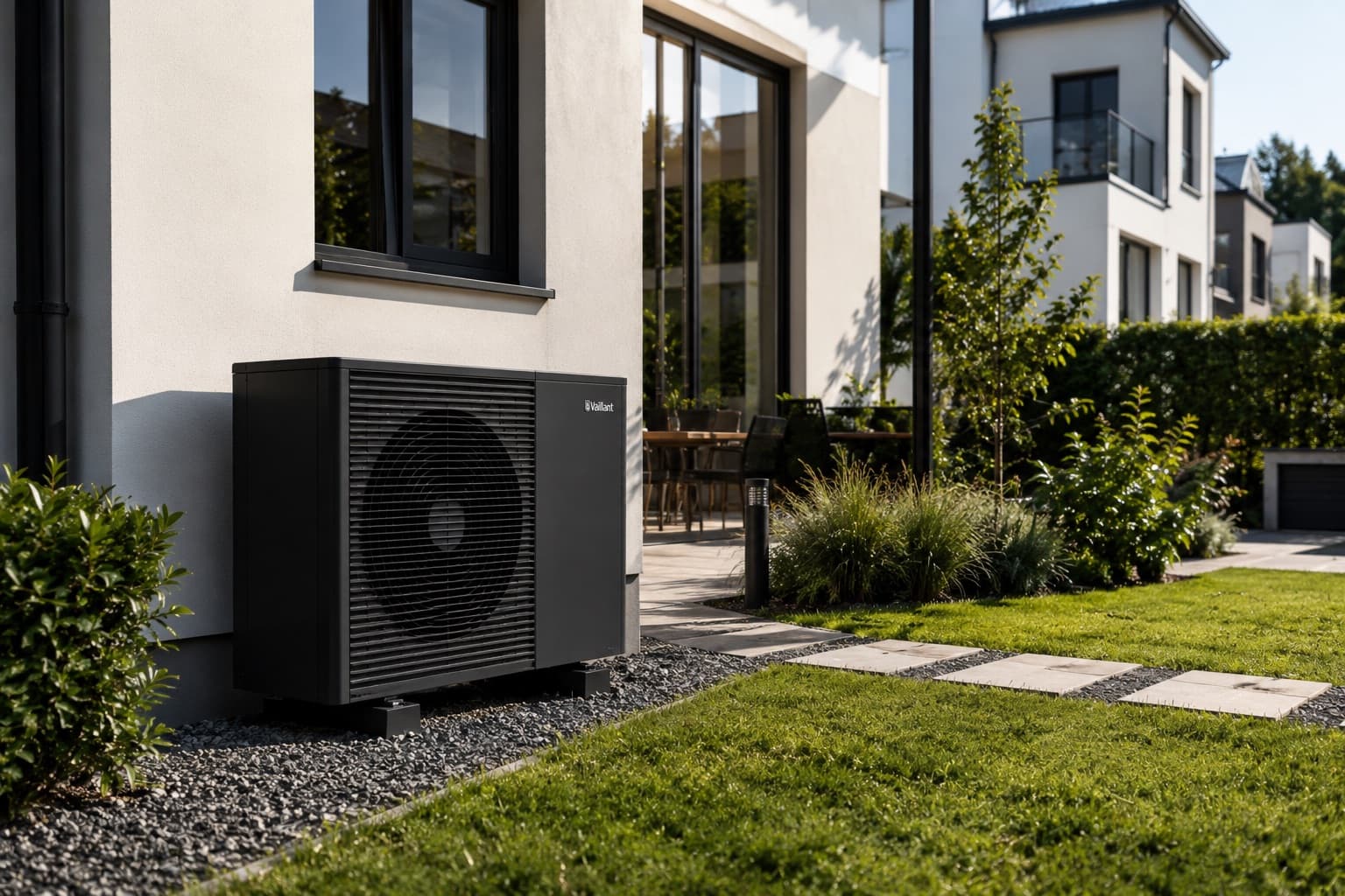 Pompe à chaleur Vaillant aroTHERM installée en jardin résidentiel