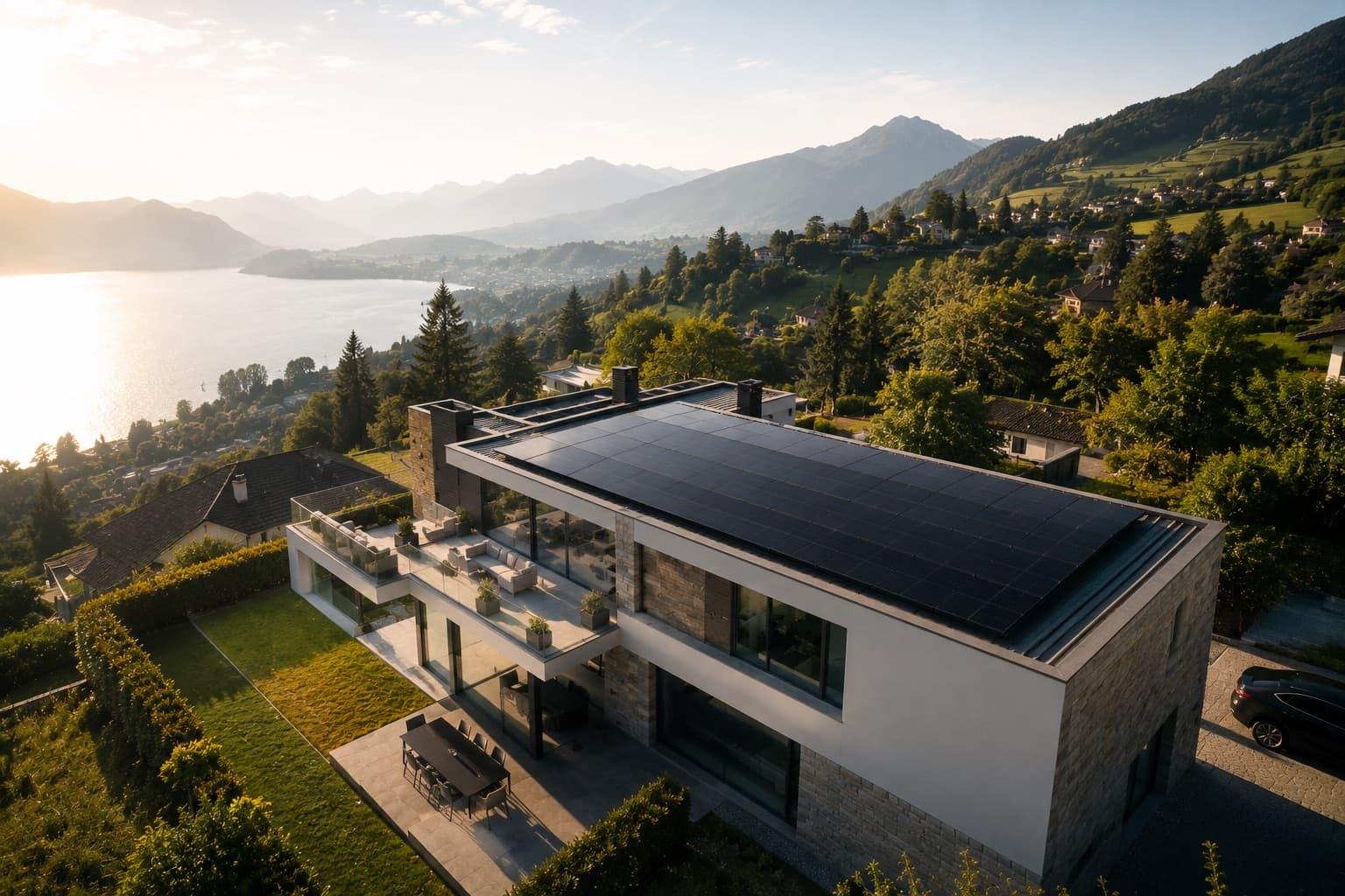 Vue aérienne d'une villa équipée de panneaux photovoltaïques en toiture, vue lac