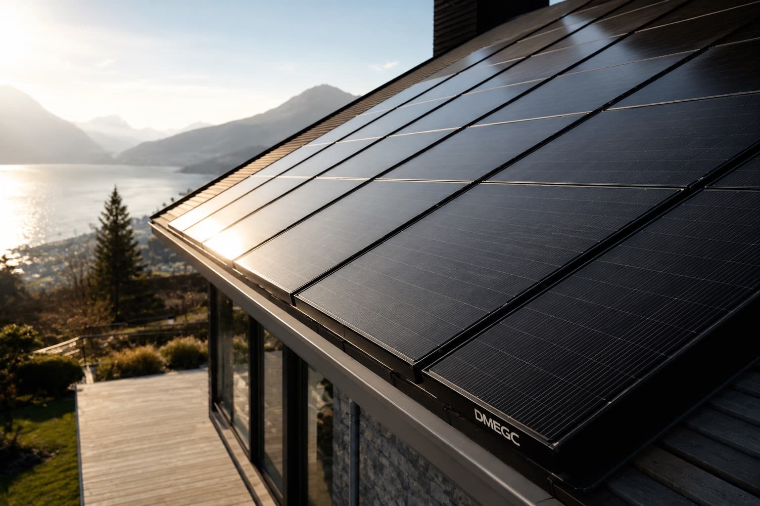 Panneaux photovoltaïques DMEGC en gros plan, installation résidentielle avec vue lac