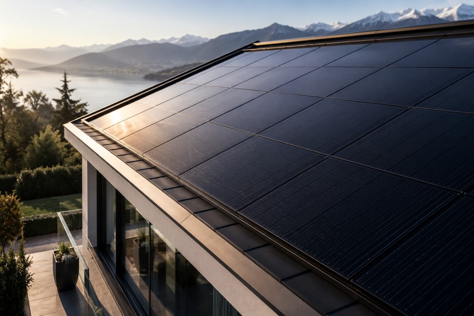 Toiture équipée de panneaux photovoltaïques avec vue sur lac et montagnes