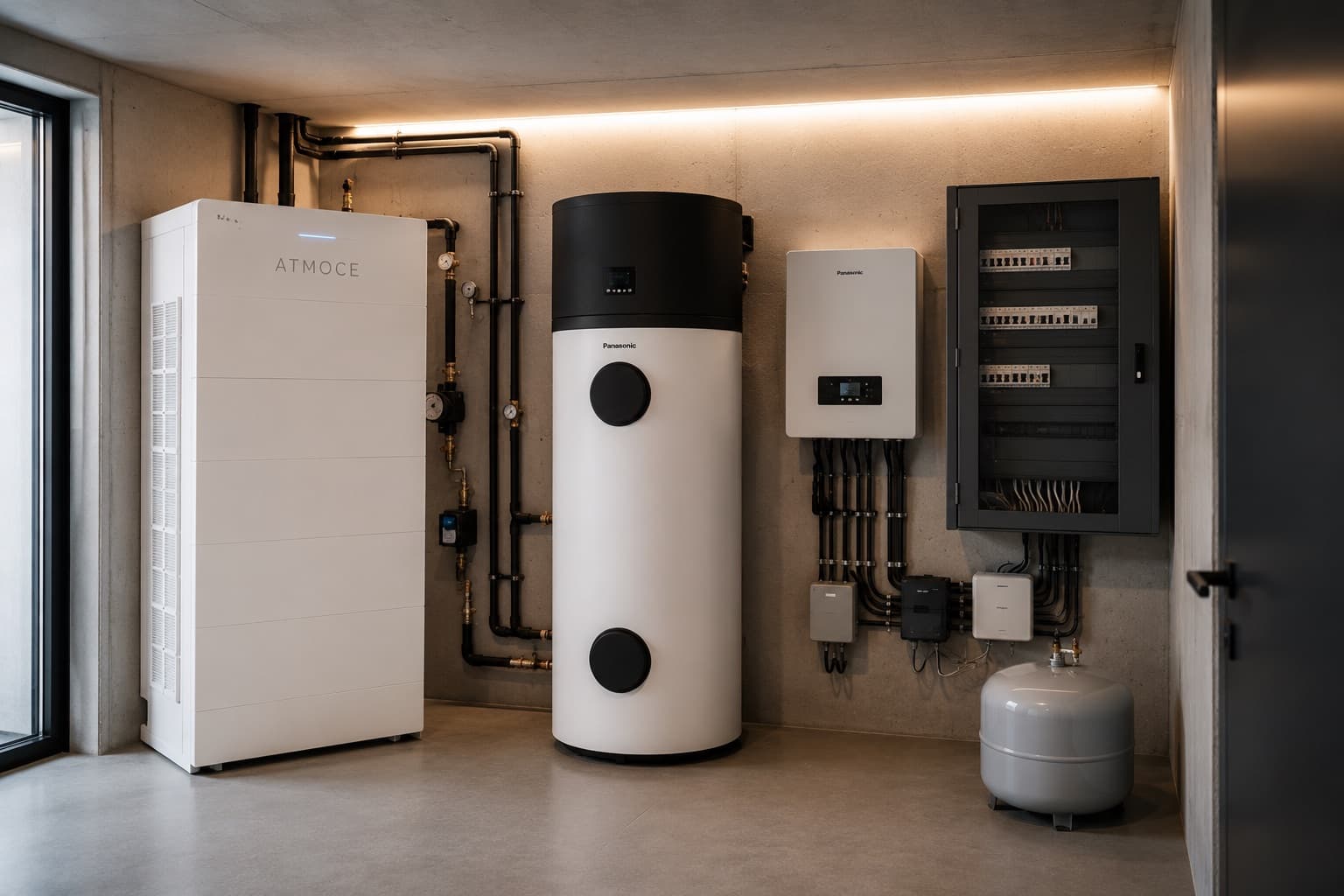 Local technique d'installation : batterie ATMOCE, boiler Panasonic et tableau électrique soignés